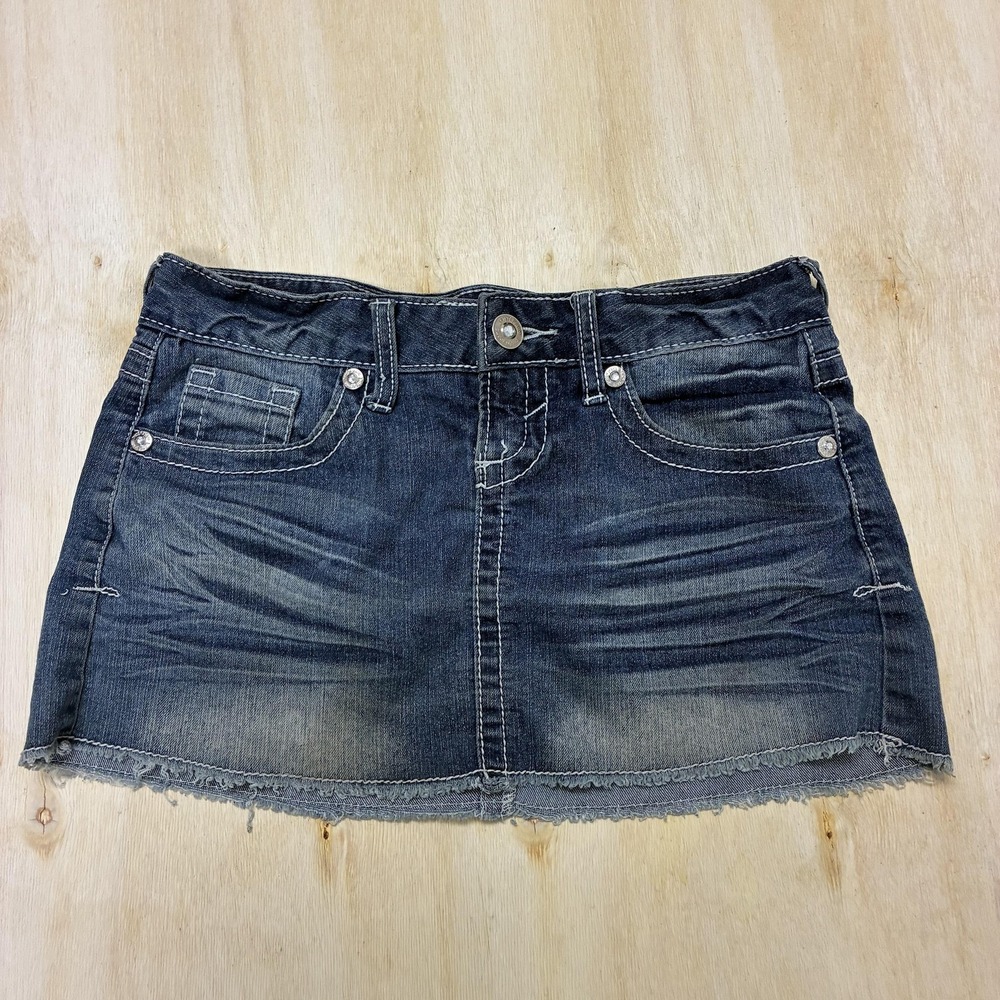 Reign Y2K Denim Mini Skirt Womens 3 Blue Solid Frayed Hem Pockets Stretch Casual